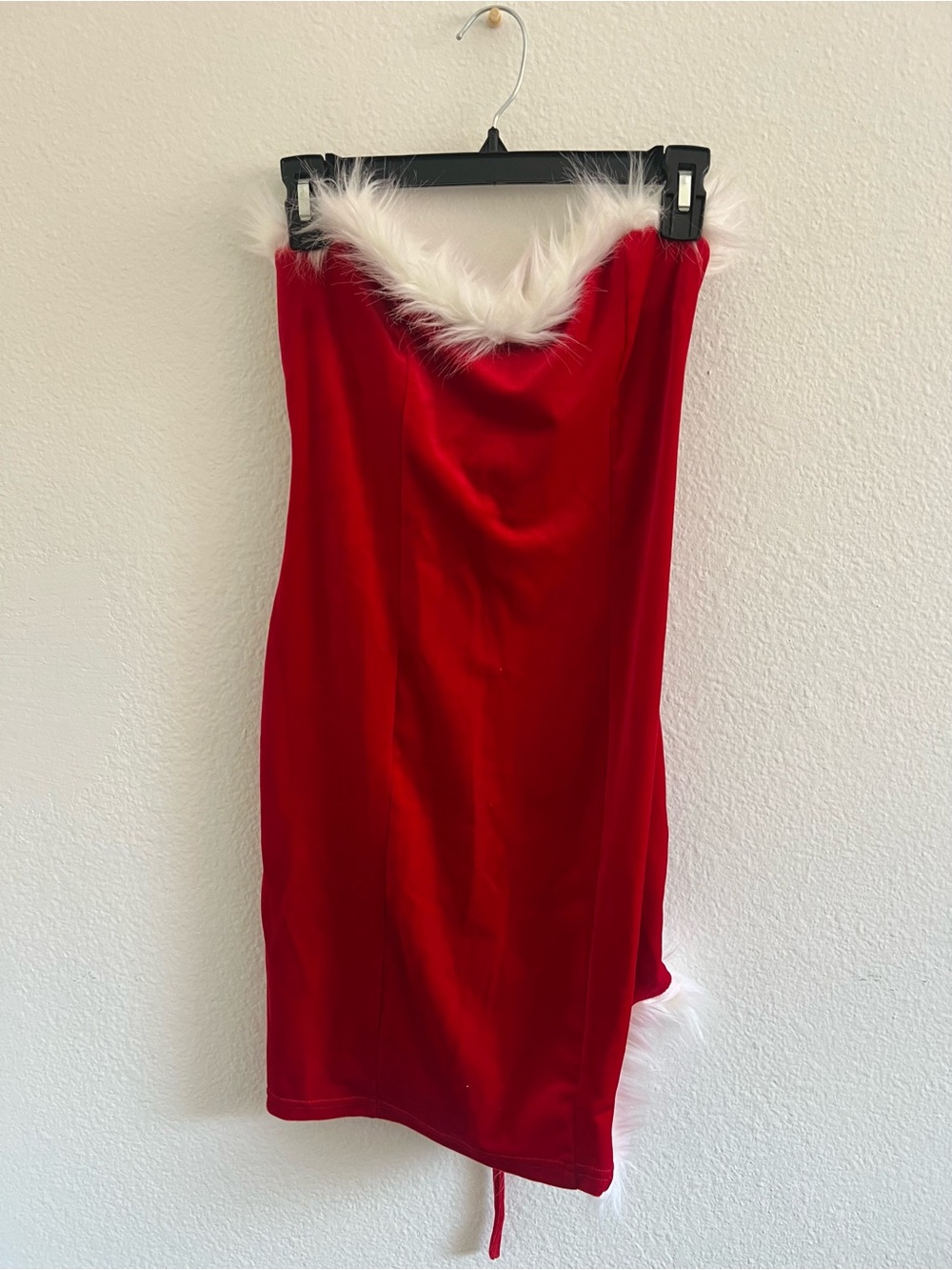 Red Faux-Fur Trim Strapless Holiday Dress